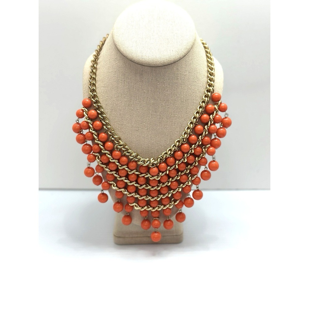 LUCIA Signed Orange Beaded Statement Necklace Gold Tone Bib Fringe Chunky Bold - Picture 2 of 10